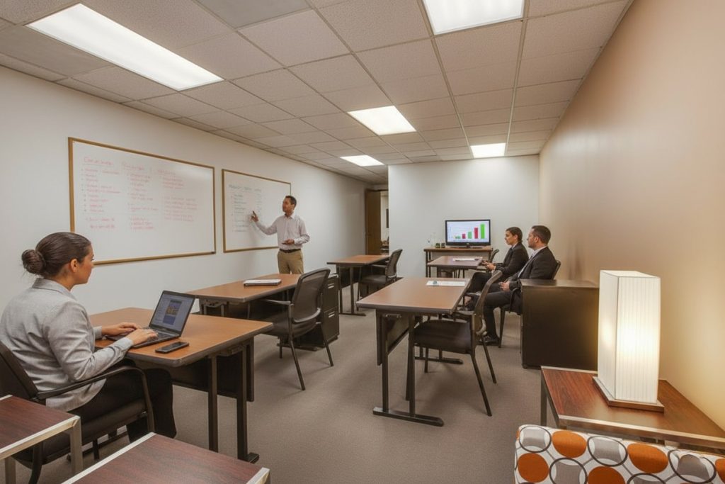 Barrister Suites Office Lease A business meeting in a small office: one person stands and writes on a whiteboard while three others sit at desks, two watching a presentation with a bar graph on a monitor, and one typing on a laptop.