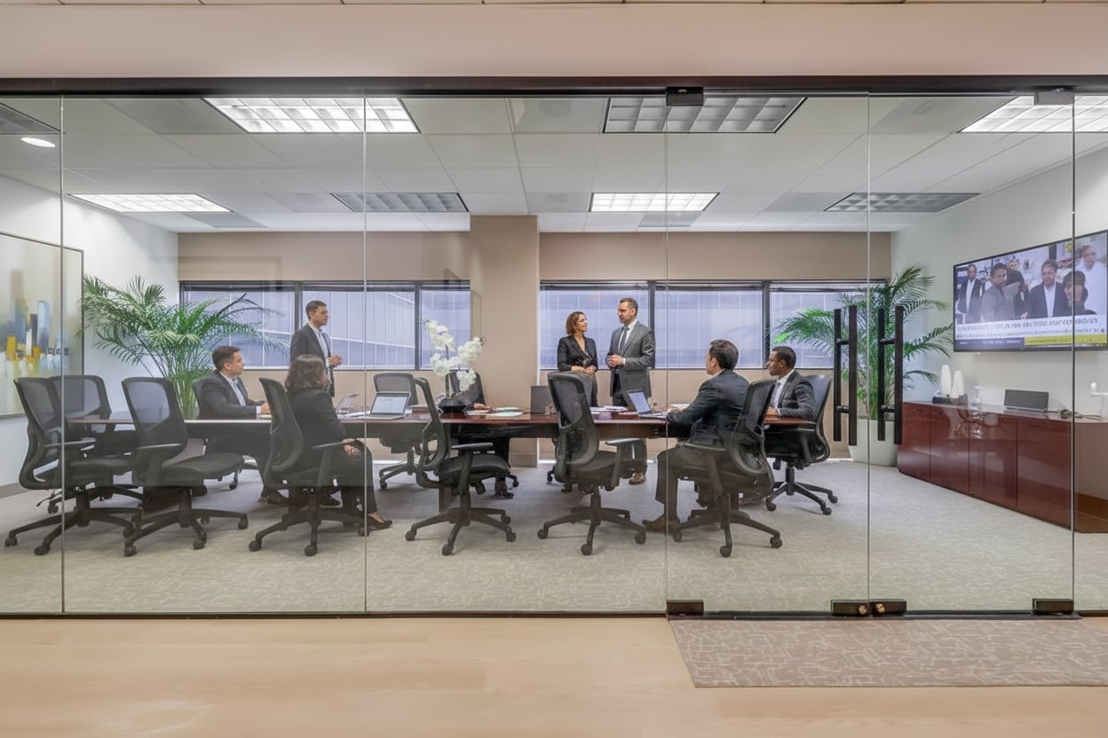 Barrister Suites Office Lease A group of people in business attire are gathered around a large conference table in a modern office meeting room with glass walls. Some are seated while others stand and talk. There are laptops, papers, and a TV screen on the wall.
