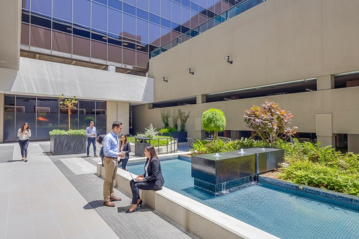 Barrister Suites Office Lease Several people are in a modern outdoor courtyard with greenery, a water fountain, and seating areas beside a glass-walled office building. Two people converse near the fountain, while others walk or stand around.