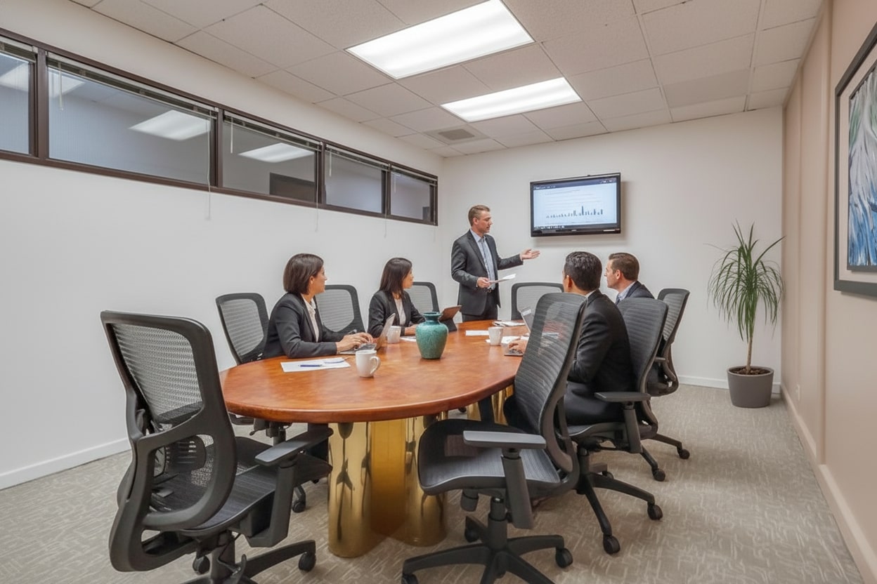 Barrister Suites Office Lease Five people in business attire are in a conference room. One man stands and presents data on a wall screen, while the other four are seated at an oval table, listening attentively. A potted plant is in the corner.