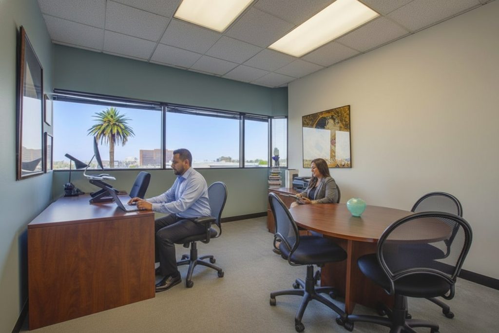 Barrister Suites Office Lease Two people work in a modern office with large windows. One man sits at a desk using a computer, while a woman works at a round table with papers. The room has framed art, a potted plant, and cityscape views outside.