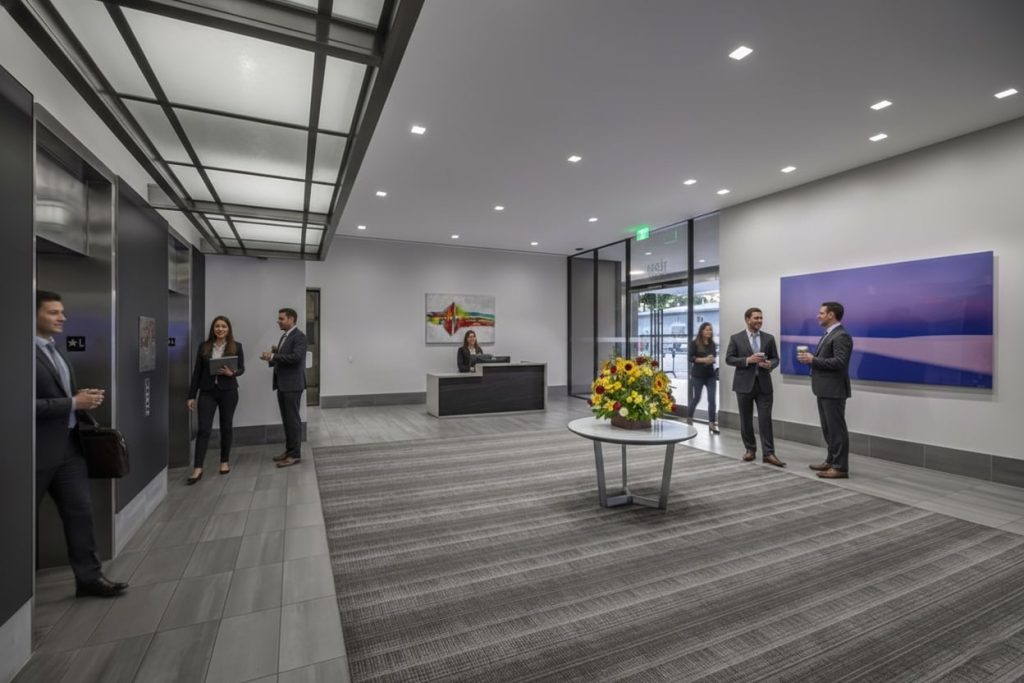 Barrister Suites Office Lease Modern office lobby with gray floors, a round table with a flower arrangement, people in business attire talking, and a receptionist at a front desk. Two people wait near elevators, and art decorates the walls.