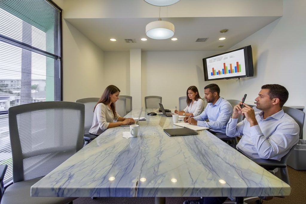 Barrister Suites Office Lease Four people sit around a marble conference table with laptops and papers, having a meeting in a modern office. A large window is on the left, and a screen displaying bar graphs hangs on the wall.