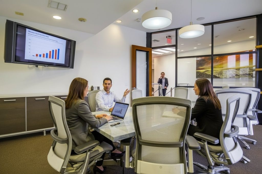 Barrister Suites Office Lease Three people in business attire sit around a conference table with laptops, discussing. A screen displays a bar chart. Another person enters the room in the background. The setting is a modern office meeting room.