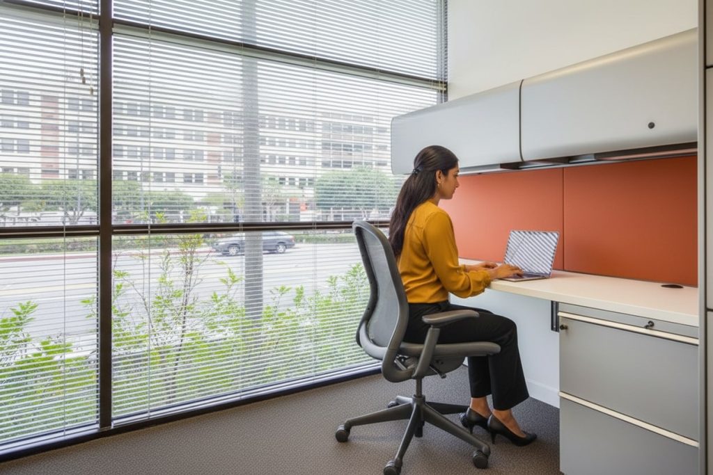 Barrister Suites Office Lease A woman sits at a desk in a modern office, working on a laptop. Large windows with blinds let in natural light and show a street with buildings and greenery outside.