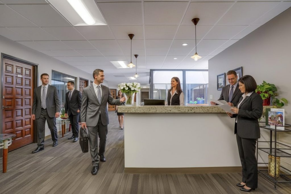 Barrister Suites Office Lease A group of professionally dressed people interact and walk through a modern office lobby with a reception desk, potted plants, and large windows in the background.