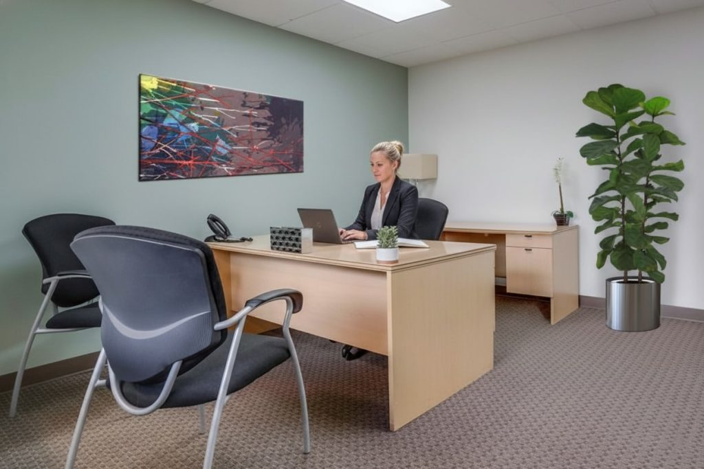 Barrister Suites Office Lease A woman in business attire works on a laptop at a wooden desk in a modern office with two guest chairs, a phone, a potted plant, a tall plant in the corner, and colorful abstract artwork on the wall.