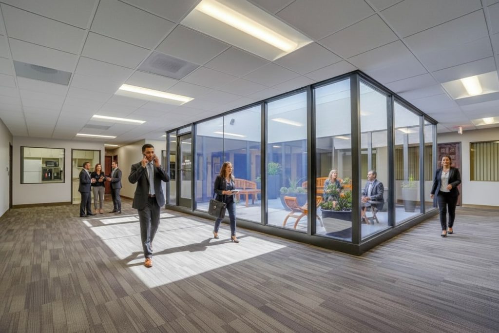 Barrister Suites Office Lease Modern office space with people walking, talking, and using phones around a glass-enclosed indoor courtyard with plants and seating. Bright lighting and professional attire create a busy, collaborative atmosphere.