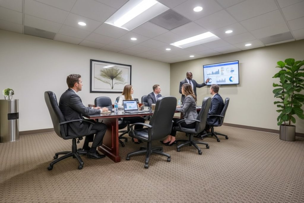 Barrister Suites Office Lease A group of six business professionals in formal attire sit around a conference table, watching a presentation with charts on a wall-mounted screen in a modern office meeting room.