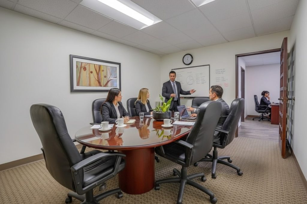 Barrister Suites Office Lease A man in a suit presents charts on a whiteboard to three colleagues seated around a conference table in a modern office, while another person works at a desk in an adjacent room.