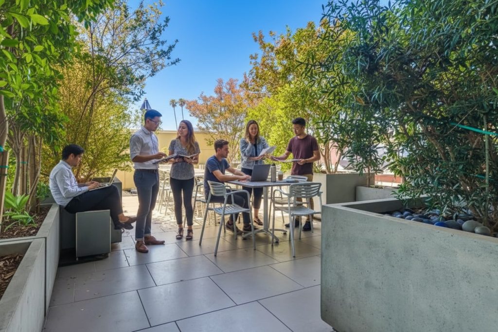 Barrister Suites Office Lease Six people are collaborating outdoors on a sunny patio surrounded by greenery; three are standing and discussing documents, while three are seated at a table with a laptop, engaged in conversation.