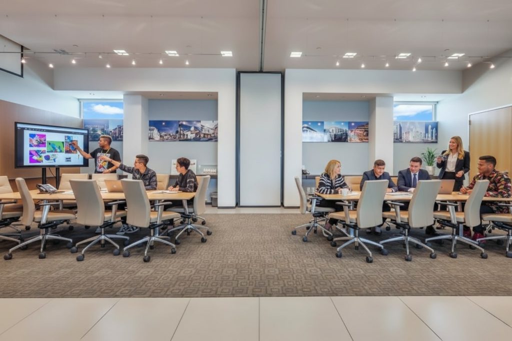 Barrister Suites Office Lease A modern office with two groups of people sitting at tables, working on laptops and having discussions; one person stands presenting at a screen displaying colorful images.