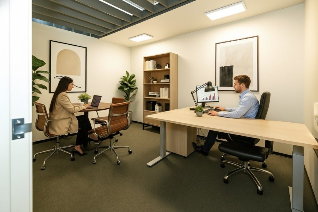 Barrister Suites Office Lease Two people work in a modern office. A woman sits at a table with a laptop, and a man sits at a desk with a computer displaying a bar graph. Shelves, plants, and framed art decorate the room.