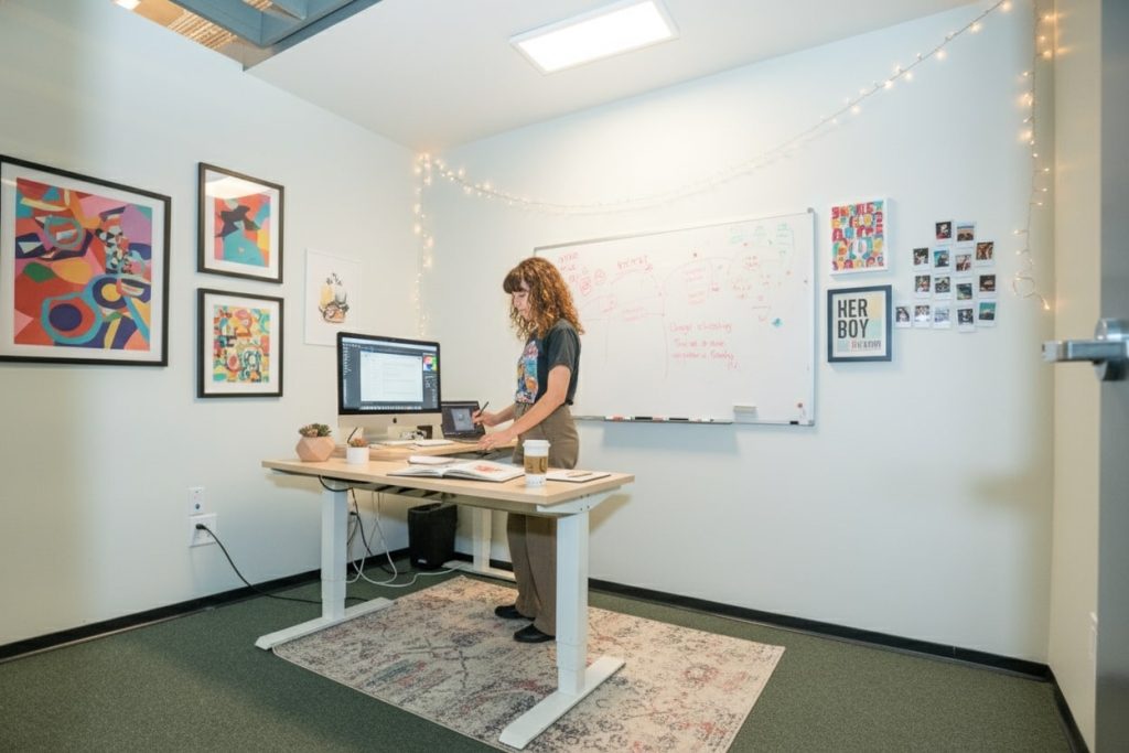 Barrister Suites Office Lease A woman stands at a desk in a brightly lit office, working on a computer. The room features colorful artwork, a whiteboard with notes, string lights, and photos on the walls. A coffee cup sits on her desk.