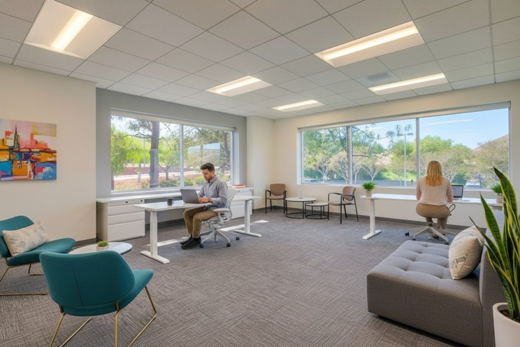 Barrister Suites Office Lease Modern office with large windows, two people working at separate desks, bright natural light, contemporary furniture, colorful abstract painting on the wall, and greenery visible outside.