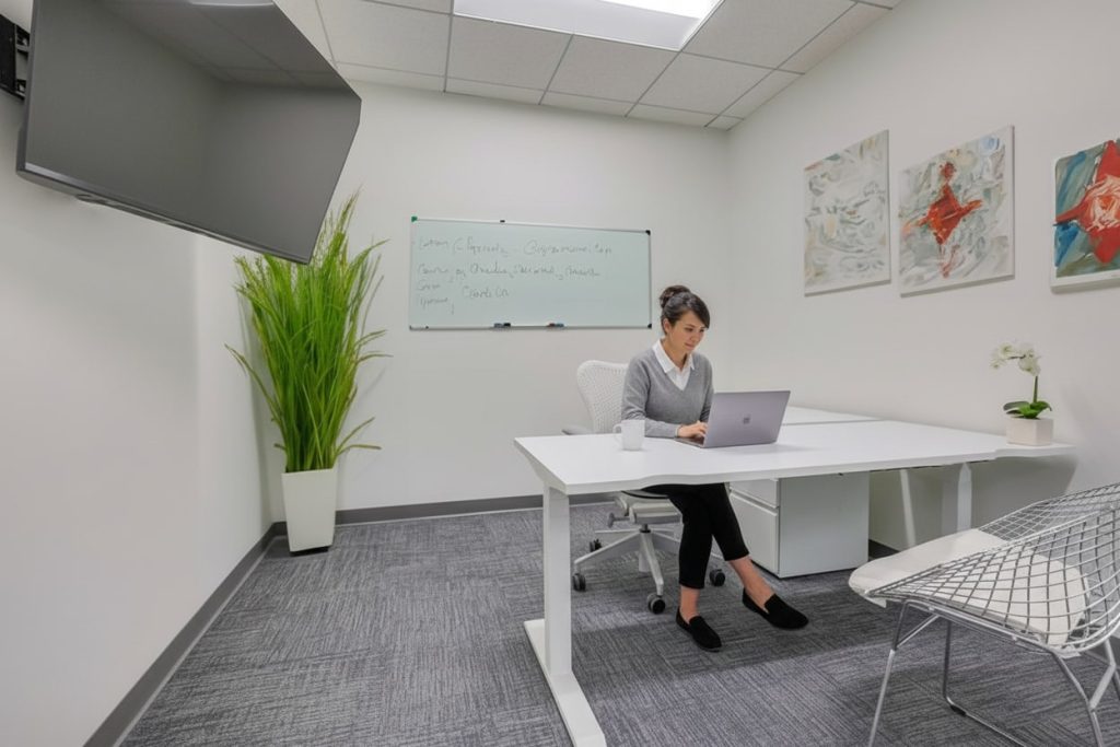 Barrister Suites Office Lease A woman sits at a white desk using a laptop in a modern, minimalist office. The room features abstract art, a large plant, a wall-mounted TV, and a whiteboard with writing on it.