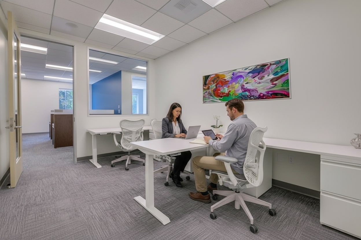 Barrister Suites Office Lease Two people sit across from each other at a desk in a modern, bright office with white furniture and abstract art on the wall, both working on laptops.