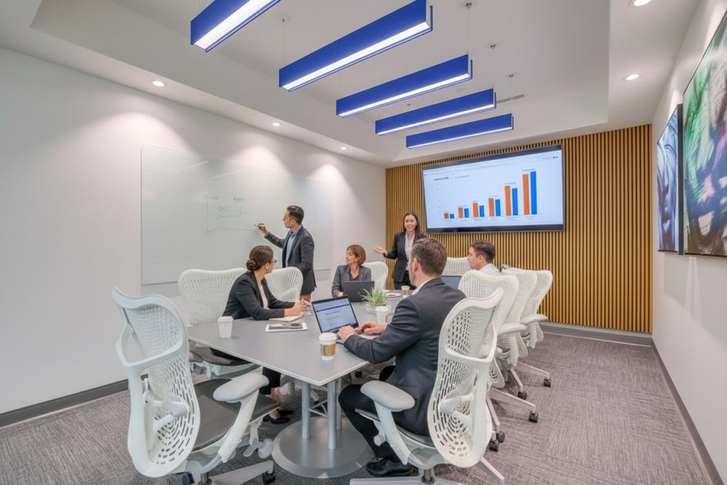 Barrister Suites Office Lease Six people in business attire are in a modern conference room. Two are presenting at a whiteboard and a screen displaying a bar graph, while the others sit at a table with laptops and notepads, listening attentively.
