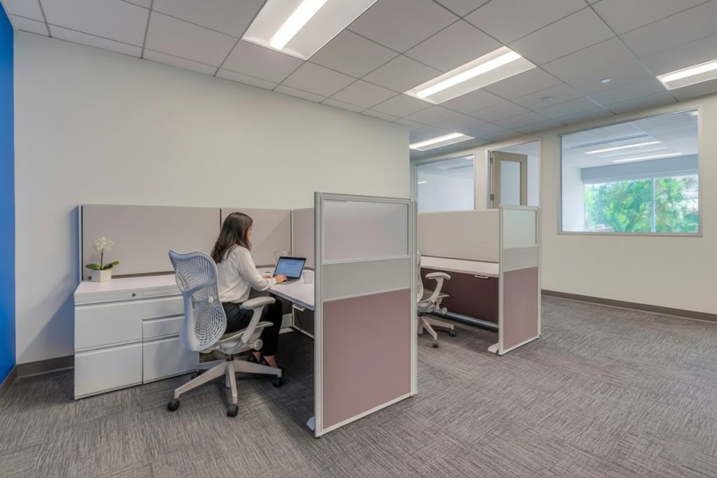 Barrister Suites Office Lease A woman works on a laptop in a modern, mostly empty office with cubicles, neutral-colored walls, overhead lighting, and a window letting in natural light.