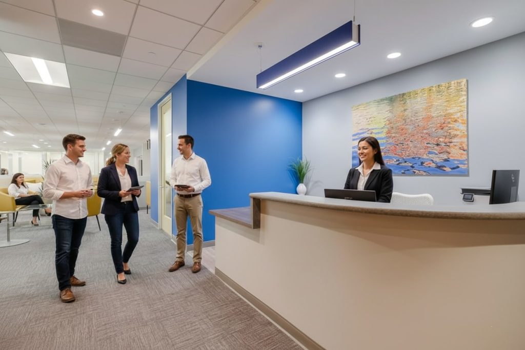 Barrister Suites Office Lease Three people walk and talk in a modern office lobby, while a receptionist sits at a desk. The space features blue and white walls, a large painting, and contemporary lighting.
