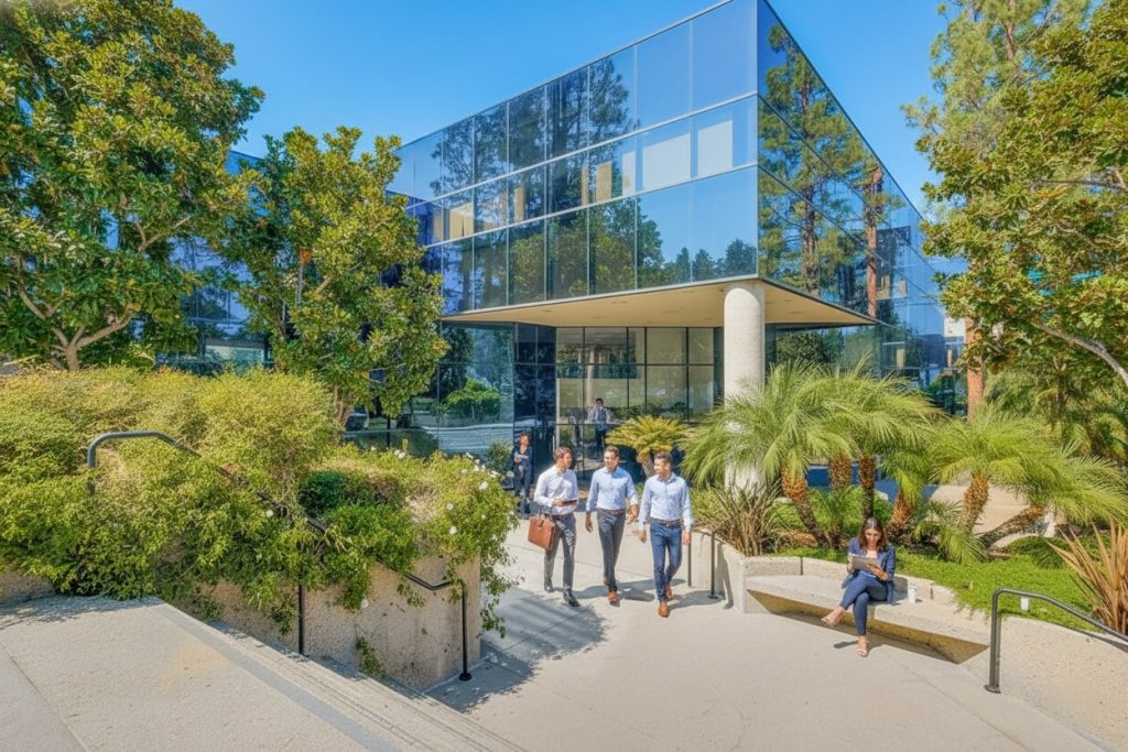Barrister Suites Office Lease People in business attire walk and sit outside a modern glass office building surrounded by lush greenery and palm trees on a sunny day.