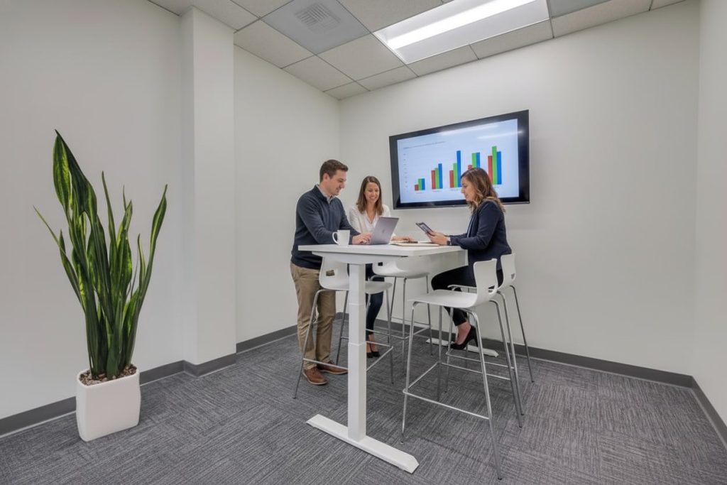 Barrister Suites Office Lease Three people have a meeting around a high table in a modern office. A large screen behind them displays a bar graph. A tall plant stands in the corner, and the room has gray carpet and white walls.