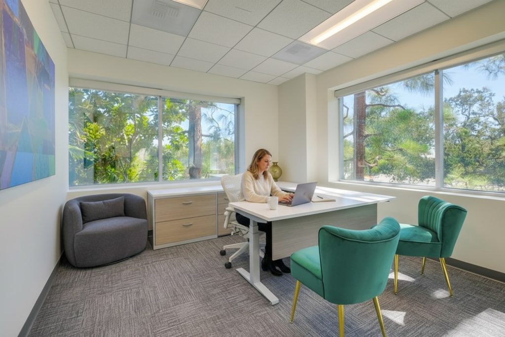 Barrister Suites Office Lease A woman sits at a desk with a laptop in a modern, bright office with large windows, green chairs, a gray armchair, and artwork on the wall. Trees and greenery are visible outside.