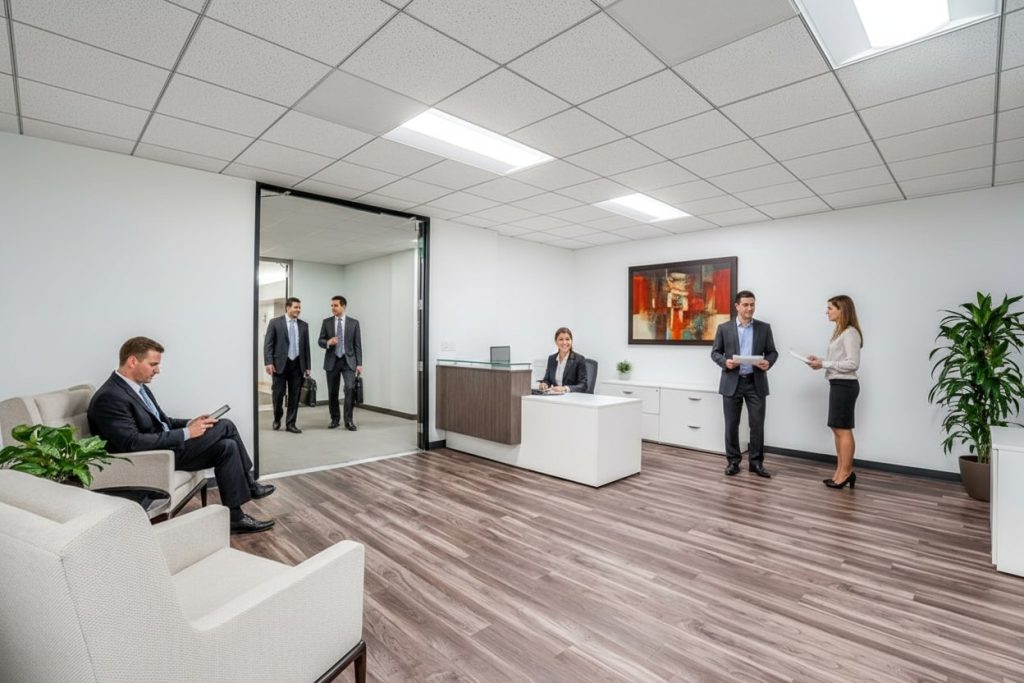 Barrister Suites Office Lease A modern office with five people in business attire. One man sits on a couch using a tablet, three people stand and talk, and one woman sits at a desk. The room has wood flooring, plants, and abstract art on the wall.