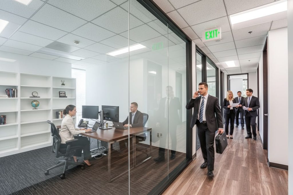 Barrister Suites Office Lease A modern office hallway with glass walls, showing people walking and talking. Inside one office, two people sit at desks with computers, while four others walk down the hallway; one man is on the phone carrying a briefcase.