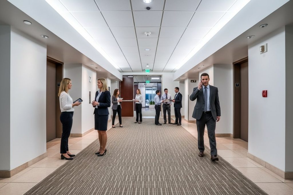 Barrister Suites Office Lease Business professionals stand and talk in a modern office hallway with elevators on both sides; one man walks while speaking on his phone, and others converse or hold documents.