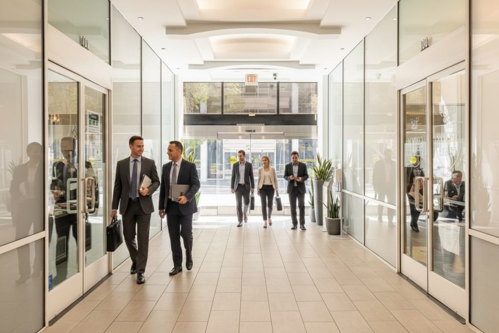 Barrister Suites Office Lease A group of professionally dressed people walk through a modern office building lobby with glass walls, natural light, and plants, appearing engaged in conversation and heading toward the entrance.