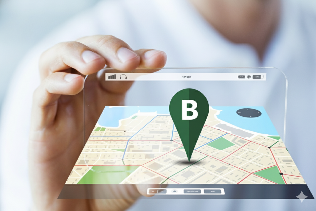 Barrister Suites Office Lease A person holds a transparent tablet displaying a digital map with a large green location pin labeled B, suggesting navigation or route planning. The background is blurred, keeping focus on the device.