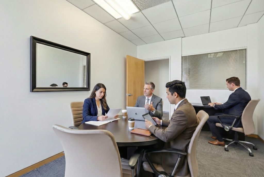 Barrister Suites Office Lease Four people in business attire are in a modern office. Three sit at a round table working on laptops and taking notes, while one person works alone at a desk in the background. The room has beige walls and a large wall mirror.