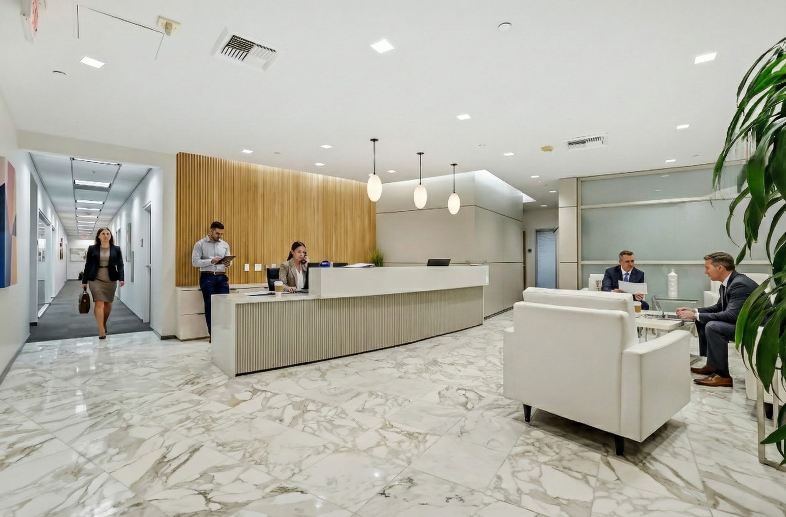 Barrister Suites Office Lease Modern office lobby with a marble floor, white couches, and a reception desk. Several people are present: some seated and talking, others standing or walking in business attire. Large plant on the right.