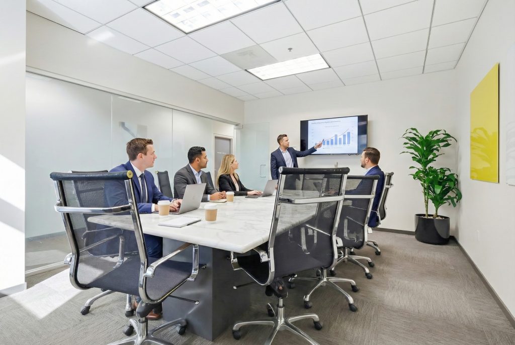 Barrister Suites Office Lease Five people in business attire sit around a conference table, listening to a man standing and presenting a graph on a screen in a modern office meeting room.