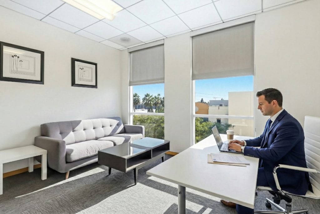 Barrister Suites Office Lease A man in a suit works on a laptop at a white desk in a modern office with large windows, a gray couch, coffee table, and framed art on the walls. Sunlight streams in, and trees are visible outside.