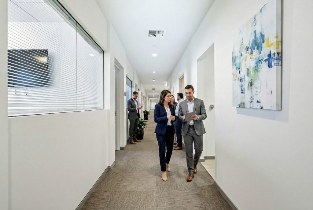 Barrister Suites Office Lease Two professionally dressed people walk and talk down a modern office hallway, holding documents. Two other people stand and talk in the background. The hallway is bright with white walls and abstract art.