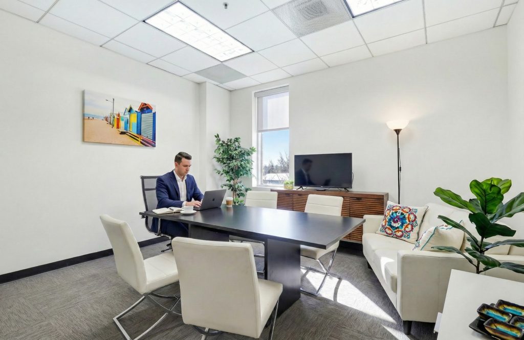 Barrister Suites Office Lease A man in a suit works on a laptop at a conference table in a modern, brightly lit office with white walls, a couch, plants, a TV, and colorful wall art.