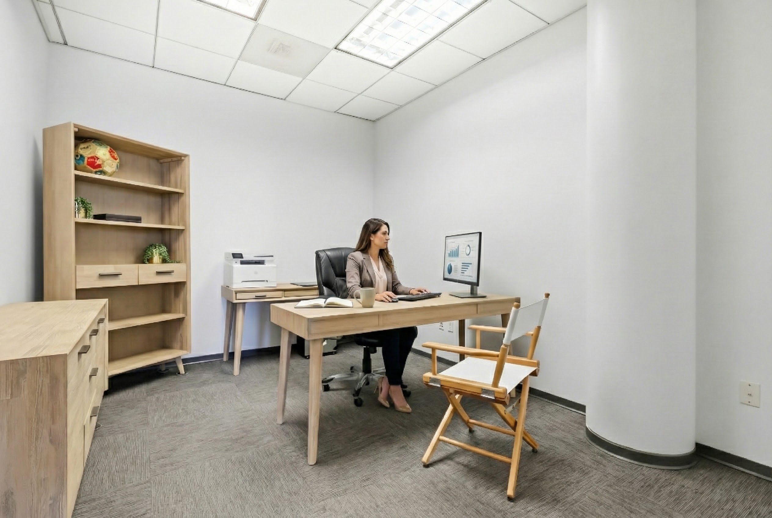 Barrister Suites Office Lease A woman sits at a desk in a modern, minimalist office, working on a computer. There is a book, a folder, and a coffee mug on the desk. Behind her are shelves, a printer, and a wooden cabinet. An empty chair faces her.