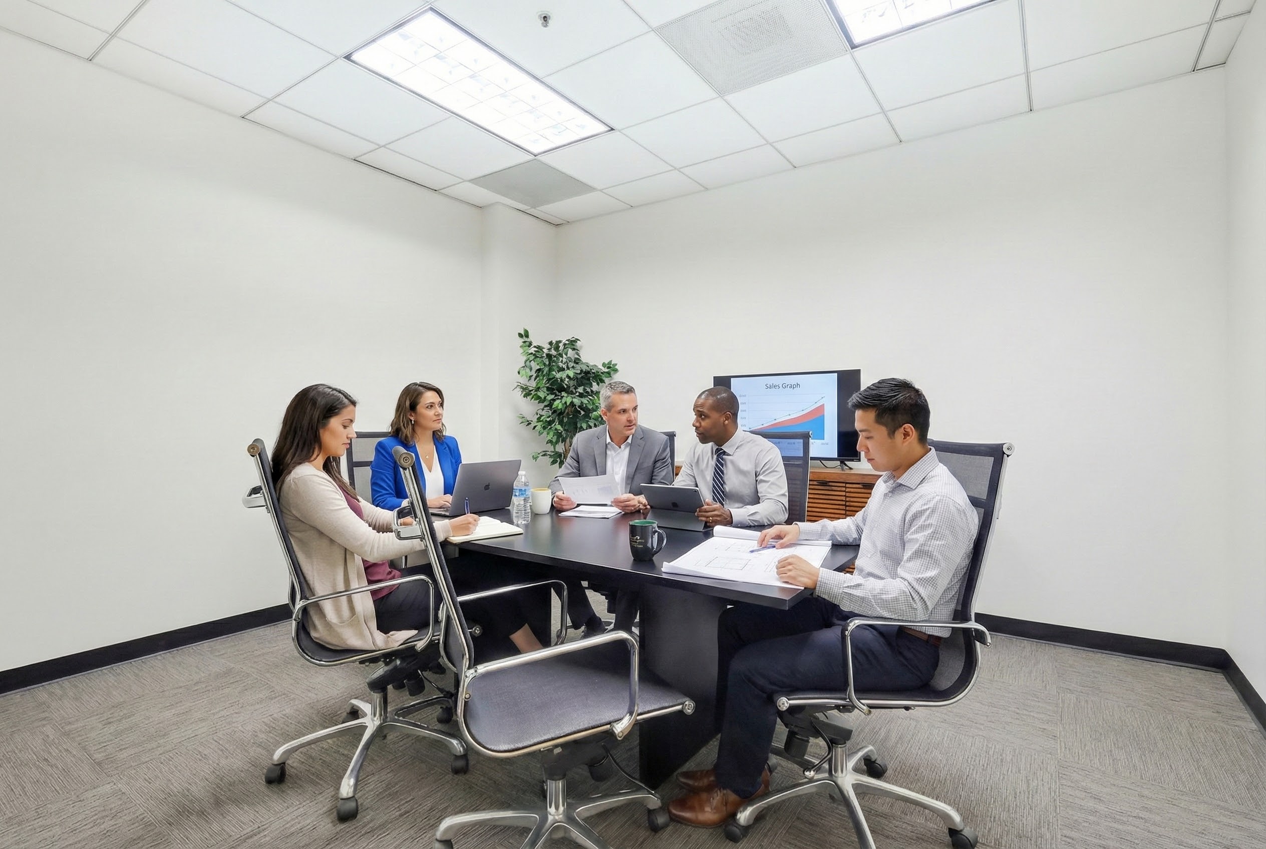 Barrister Suites Office Lease Five people in business attire sit around a conference table in a modern office, discussing documents and using laptops. A presentation is displayed on a screen in the background. The room is bright with white walls.