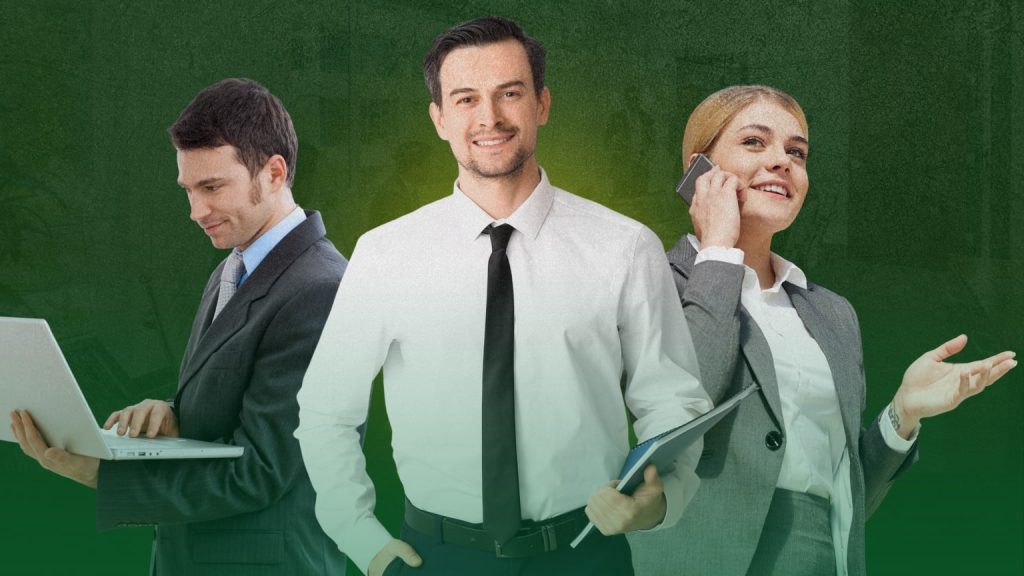 Barrister Suites Office Lease Three business professionals in formal attire: one man working on a laptop, another man smiling with hands in pockets, and a woman talking on a smartphone while holding a tablet, all standing against a green background.