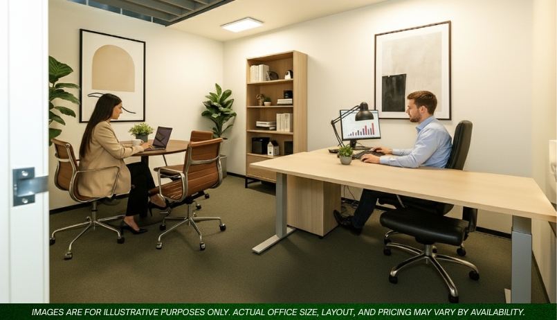 Barrister Suites Office Lease Two people work in a modern office with neutral décor. A woman sits at a round table with a laptop, while a man works at a desk with a computer displaying a graph. Shelves and artwork decorate the room.