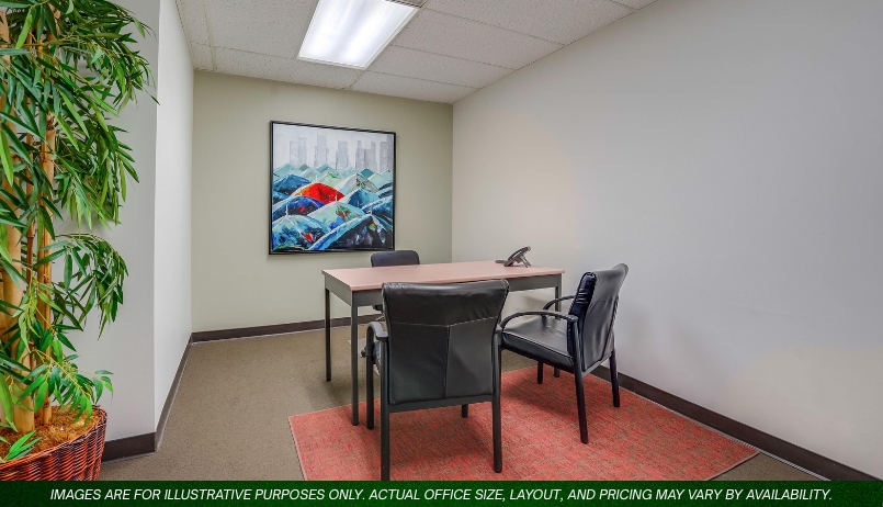 Barrister Suites Office Lease A small office with a desk, two black chairs, a phone, a plant in the corner, a colorful abstract painting on the wall, and a red rug on the floor. Text at the bottom notes the image is for illustrative purposes.