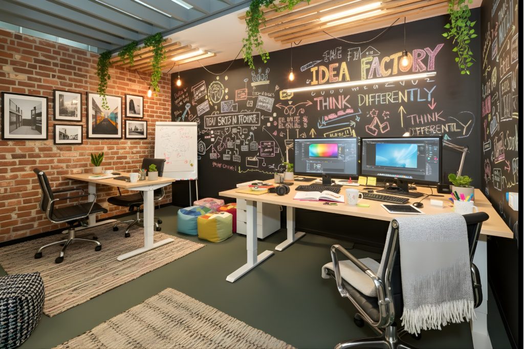 Barrister Suites Office Lease A modern, colorful office space with desks, computers, and vibrant wall art on a black chalkboard wall displaying creative doodles, motivational phrases, and sketches. Potted plants hang from the ceiling, and framed photos are on a brick wall.