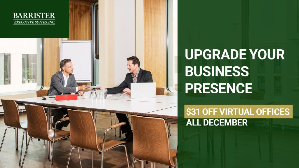Barrister Suites Office Lease Two professionals in business attire sit at a conference table with laptops and documents. Text advertises Barrister Executive Suites offering $31 off virtual offices throughout December.