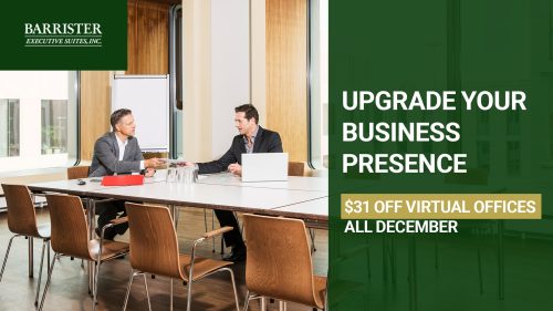 Barrister Suites Office Lease Two professionals in business attire sit at a conference table with laptops and documents. Text advertises Barrister Executive Suites offering $31 off virtual offices throughout December.