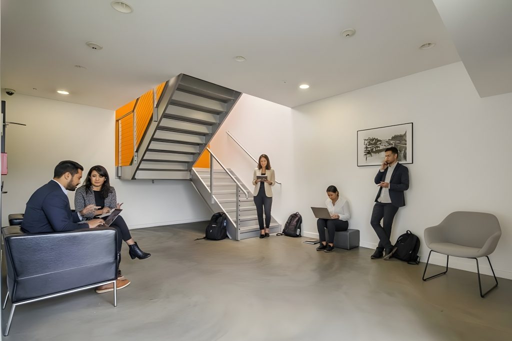 Barrister Suites Office Lease Five people in business attire work on laptops and tablets in a modern office lounge with gray chairs, a staircase, and a white wall decorated with a framed picture.