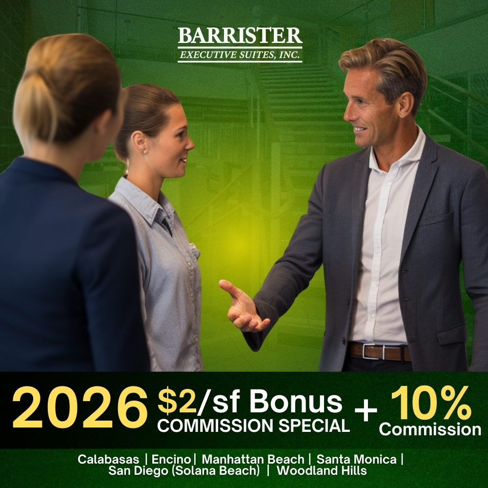 Barrister Suites Office Lease Three business professionals converse in an office setting. A banner promotes Barrister Executive Suites, offering a 2026 $2/sf bonus plus 10% commission at various California locations.