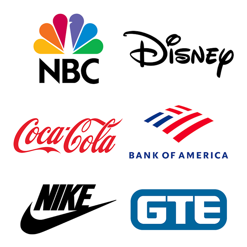 Barrister Suites Office Lease A grid of six well-known logos: NBC’s colorful peacock, Disney’s script logo, Coca-Cola, Bank of America, Nike’s swoosh, and GTE in a blue box.