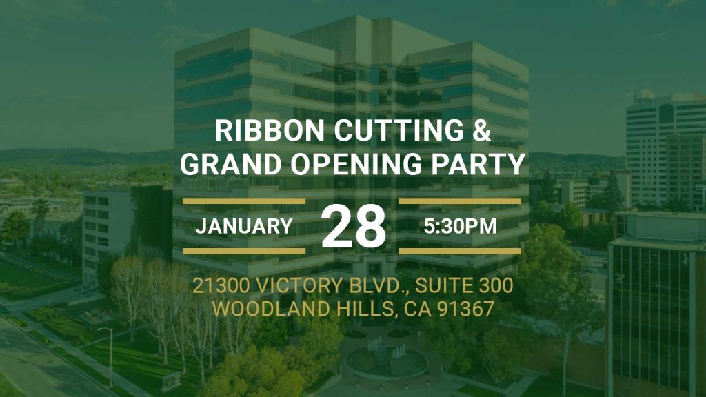 Barrister Suites Office Lease Event invitation graphic for a ribbon cutting and grand opening party on January 28 at 5:30 PM, located at 21300 Victory Blvd, Suite 300, Woodland Hills, CA 91367, overlaid on an office building background.